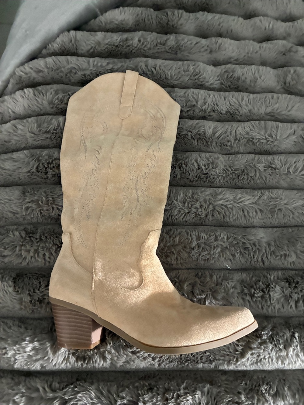 SHEIN Light Beige Suede Western Mid-Calf Heeled Boots